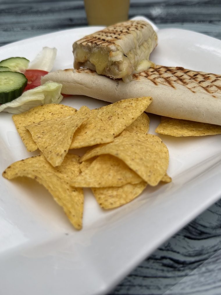 Toasted panini with tortilla chips and salad garnish